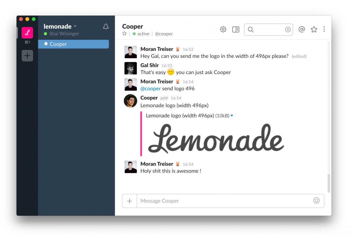 Lemonade slack feed featuring bot cooper