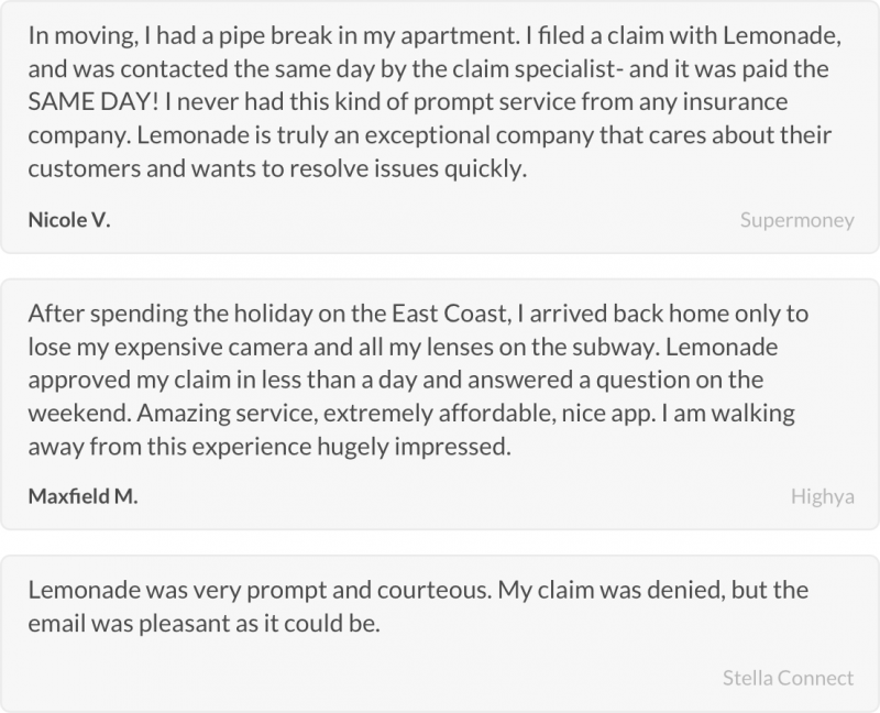 Positive claims reviews for Lemonade insurance