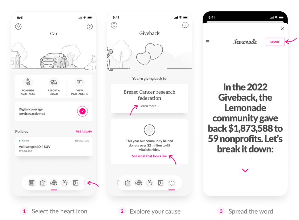 access our giveback options with the Lemonade app