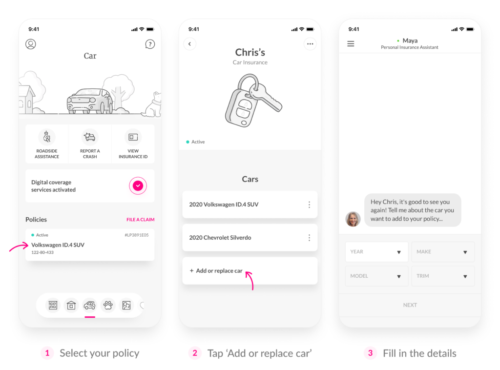 lemonade app helps you add or replace a car to your policy