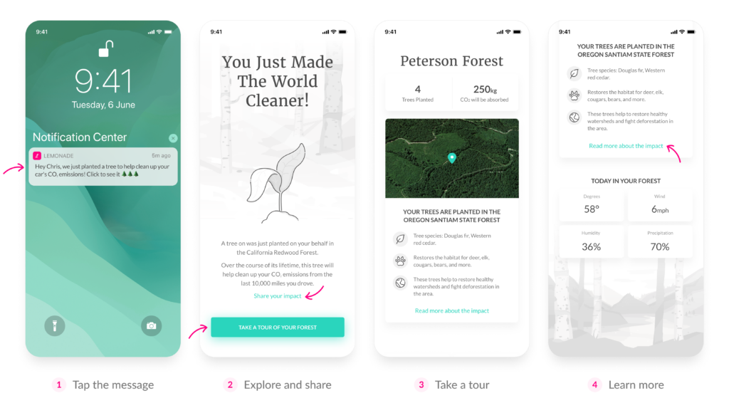Lemonade Car's Tree-Planting Program, in app view