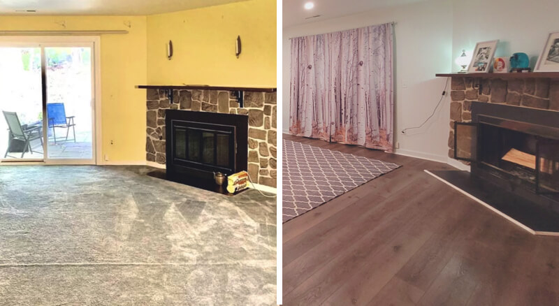 Before and after the weird retro carpet was replaced with super chic wooden floors.