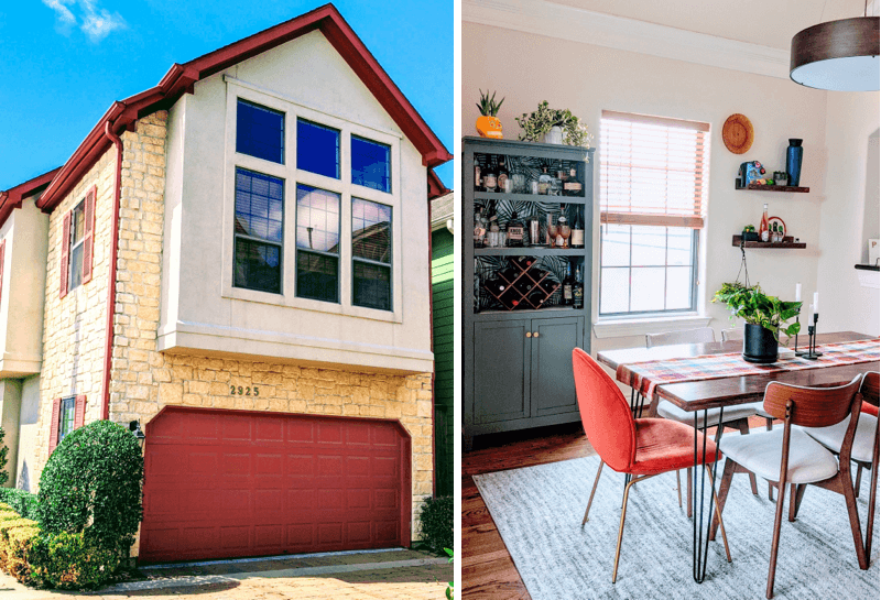 The home's exterior, left, and a view of the light-filled dining room, right—with a table the couple built themselves.